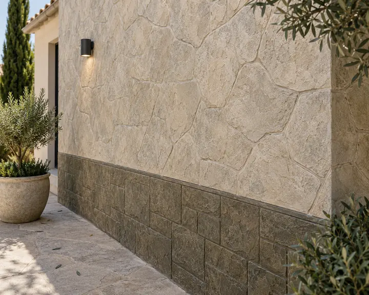 Acabado colores y combinaciones para muros y fachadas aplicado a una superficie de hormigón impreso vertical