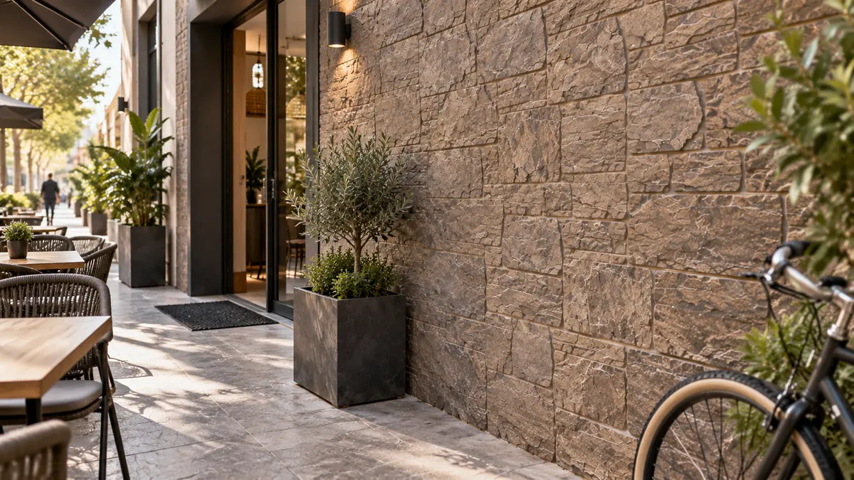 Elementos decorativos y espacios comerciales con acabado decorativo continuo de hormigón impreso vertical