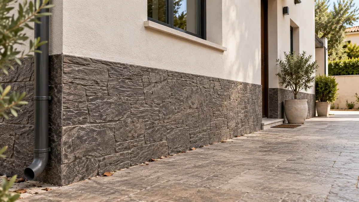 Zócalos y zonas inferiores de fachada con acabado decorativo continuo de hormigón impreso vertical