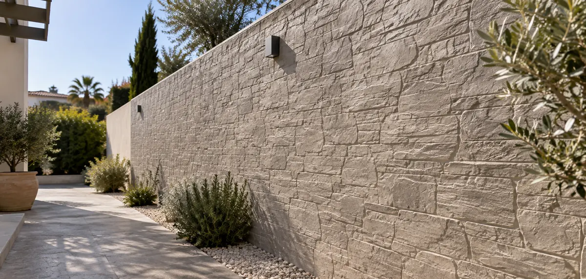 Muro exterior con acabado decorativo de hormigón impreso vertical en Palma de Mallorca