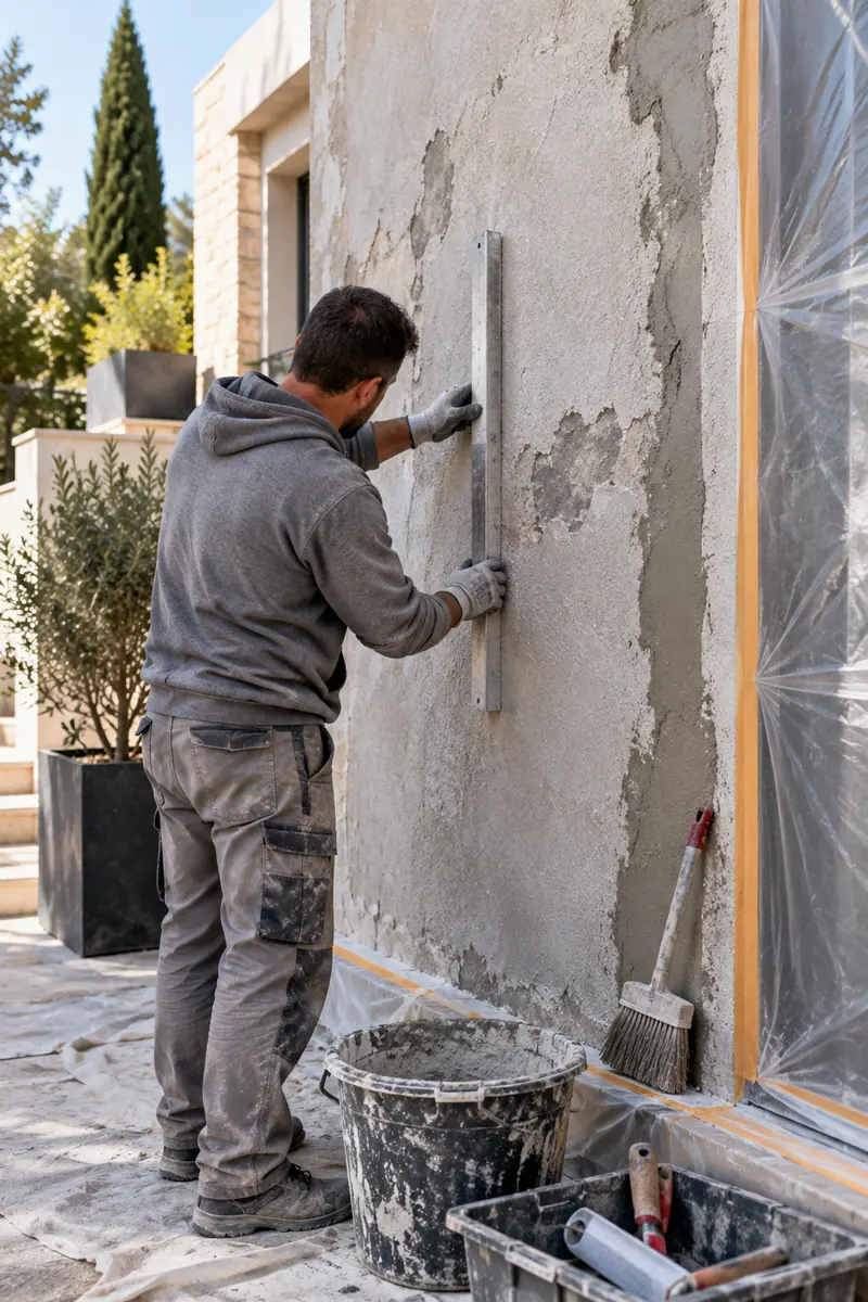 Profesional preparando un muro antes de aplicar el revestimiento de hormigón impreso vertical