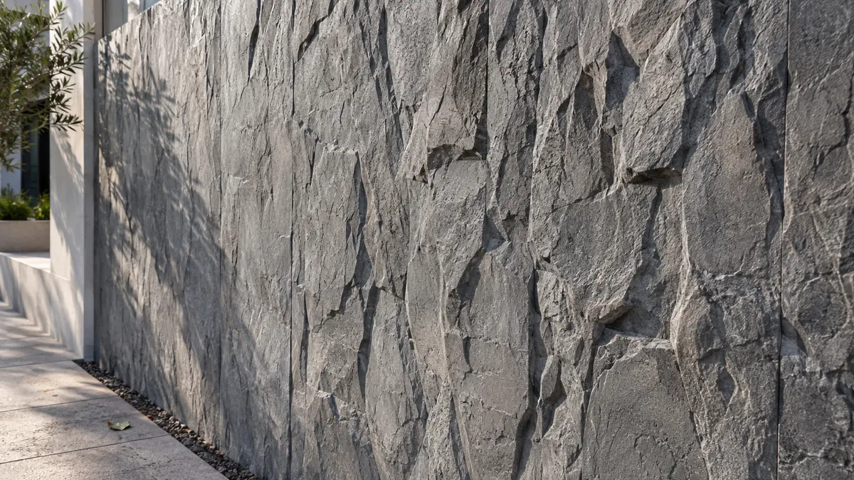 Detalle de hormigón impreso vertical que muestra relieves más profundos y acabados más realistas